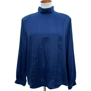 🍀Vintage Hana Sung Royal Blue Pleat Front High Neck Button Back Blouse Size 12